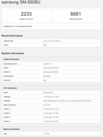 napdragon 8 Gen 3 para Galaxy en el Samsung Galaxy S24 Plus con una configuración 1+3+2+2. (Fuente: Geekbench)