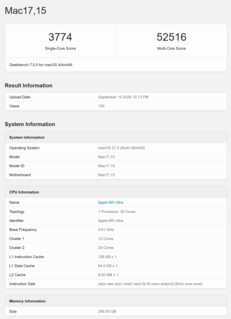Puntuación del Apple M5 Ultra en Geekbench 7