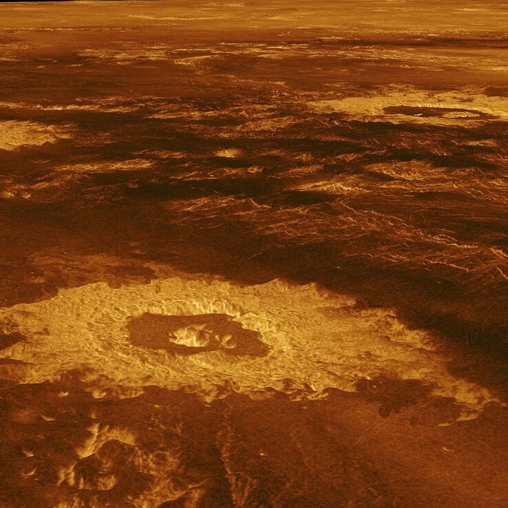 Imagen tomada por la sonda Magallanes que muestra cráteres y actividad volcánica en Venus.