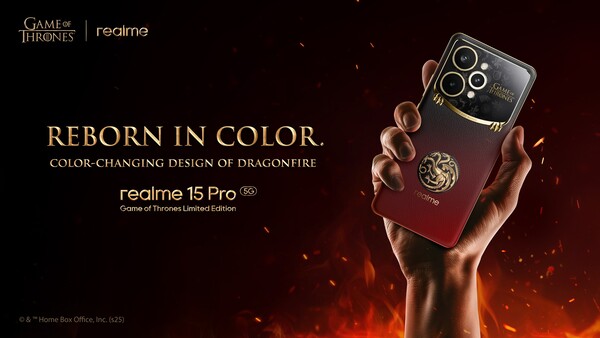 El Realme 15 Pro Game of Thrones Limited Edition cambia de negro a rojo cuando sube la temperatura. (Fuente de la imagen: Realme)