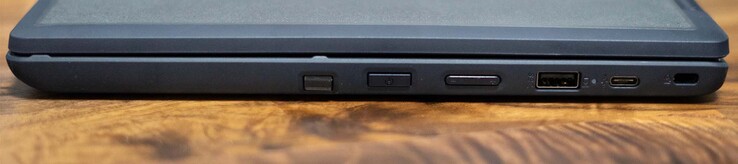Ranura para bolígrafo, control de volumen, USB-A 3.2 Gen1, USB-C 2.0 (suministro de energía y datos), bloqueo Kensington