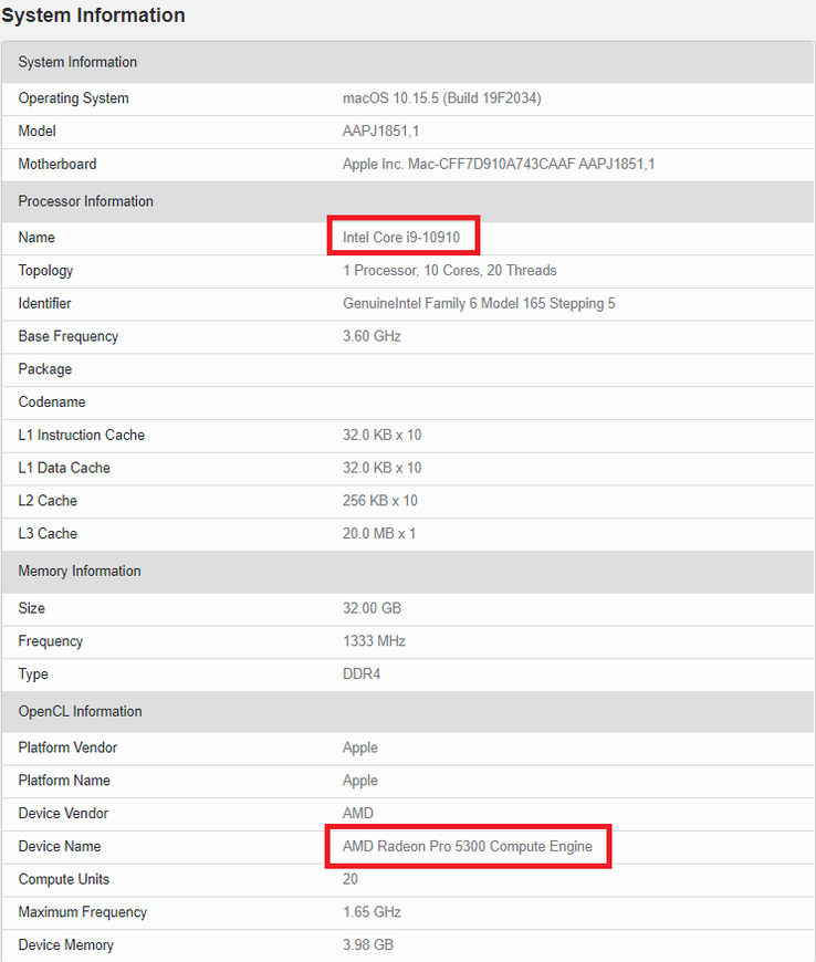 Intel Core i9-10910 y Radeon Pro 5300. (Fuente de la imagen: Geekbench)