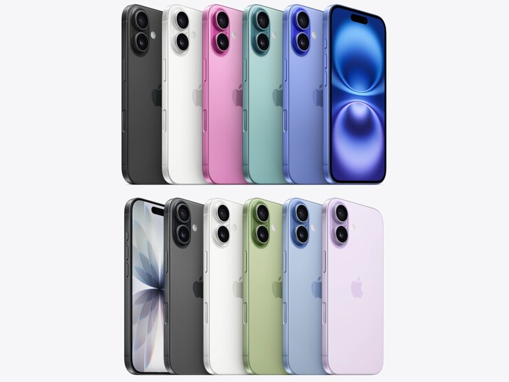 colores del iPhone 16 (arriba) y del iPhone 17 (abajo). (Fuente de la imagen: Apple, editado)