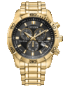 Cronógrafo Citizen Classic Eco-Drive con esfera negra, caja y brazalete de acero inoxidable de 44 mm en tono dorado, bisel fijo de 60 minutos, tres subesferas y ventana de fecha.