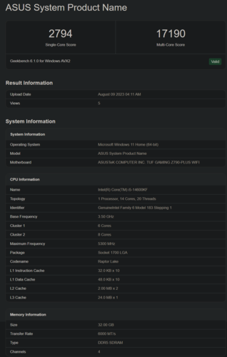 Puntuaciones de Intel Core i5-14600KF en Geekbench (imagen vía Geekbench)