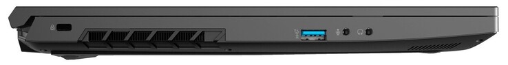 Lado izquierdo: Cerradura Kensington, 1x USB 3.2 Gen2 Tipo-A, 1x micrófono de 3.5 mm, 1x auriculares de 3.5 mm
