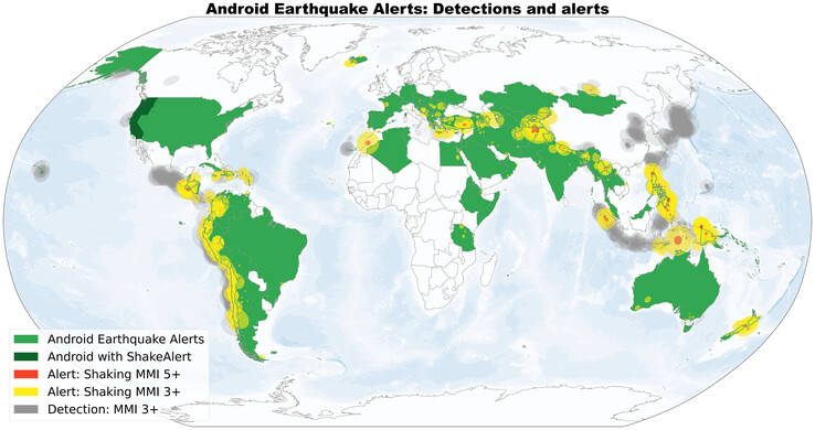 Mapa que muestra los países en los que funciona actualmente el sistema de alertas sísmicas Android. (Fuente de la imagen: Science/Google)