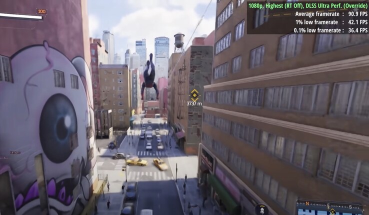 Ajustes al máximo, RT desactivado, DLSS 4 "Ultra Rendimiento": 90 FPS con RTX 4060. (Fuente de la imagen: RandomGamingHD)