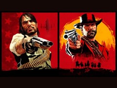 John Marston y Arthur Morgan de Red Dead Redemption apuntando con sus armas hacia el espectador sobre fondos rojos y amarillos (Fuente de la imagen: Rockstar Games)
