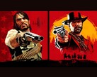 John Marston y Arthur Morgan de Red Dead Redemption apuntando con sus armas hacia el espectador sobre fondos rojos y amarillos (Fuente de la imagen: Rockstar Games)