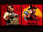 John Marston y Arthur Morgan de Red Dead Redemption apuntando con sus armas hacia el espectador sobre fondos rojos y amarillos (Fuente de la imagen: Rockstar Games)
