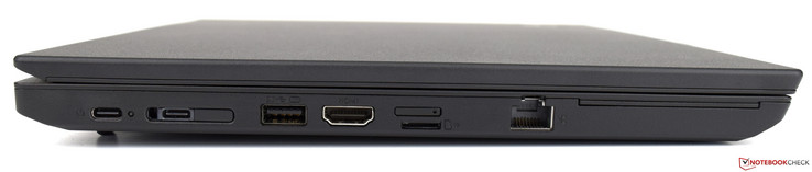 Izquierda: 2x USB 3.1 Type-C Gen 1, Docking-Port, USB 3.0 Gen 1, HDMI 1.4b, nano-SIM, lector de tarjetas microSD, Ethernet