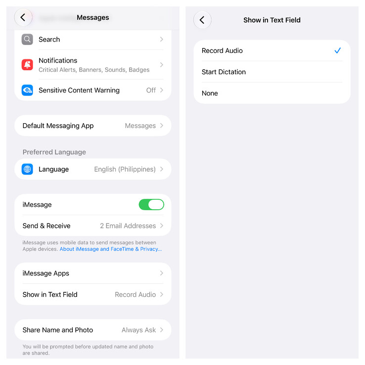 El nuevo botón de activación «Mostrar en el campo de texto» de Mensajes de Apple para ocultar el botón de dictado
