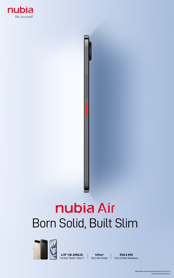 La imagen promocional filtrada afirma que el Nubia Air sólo tiene 5,9 mm de grosor, con una importante salvedad en la nota a pie de página.