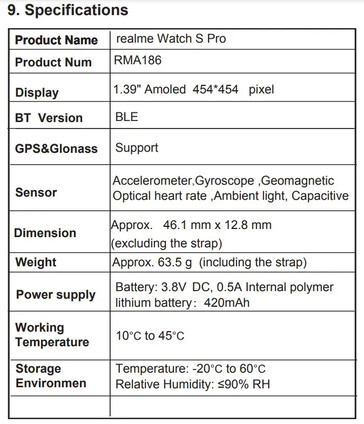 Varias imágenes y especificaciones de la nueva certificación de Watch S Pro. (Fuente: FCC a través de MySmartPrice)