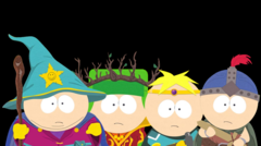 Los chicos se preparan para la batalla en South Park: The Stick of Truth, cada uno vistiendo sus roles de fantasía - mago, druida, paladín y guerrero (Fuente de la imagen: vía South Park Wiki / Fandom, subida por Gastropod - © Ubisoft / South Park Digital Studios)