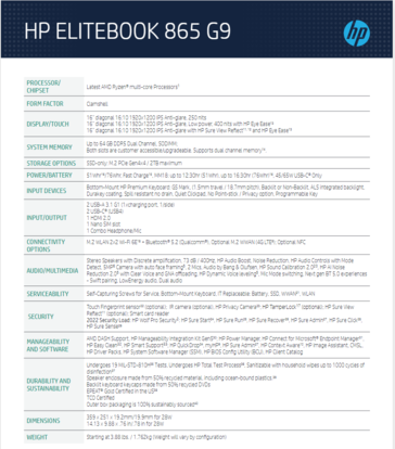 Especificaciones del HP Elitebook 645 G9. (Fuente de la imagen: HP)