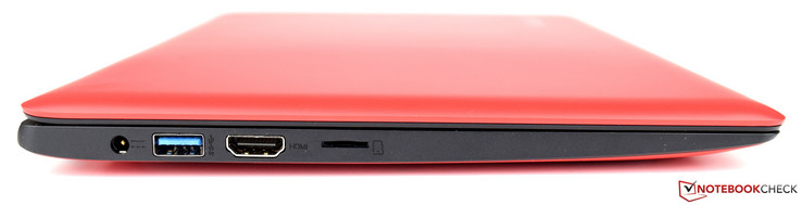 Left: power-in, 1 USB 3.0, HDMI, micro-SD card slot