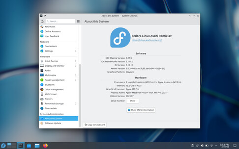 El escritorio Plasma KDE de Fedora 39 Asahi Remix (Imagen: Asahi Blog).