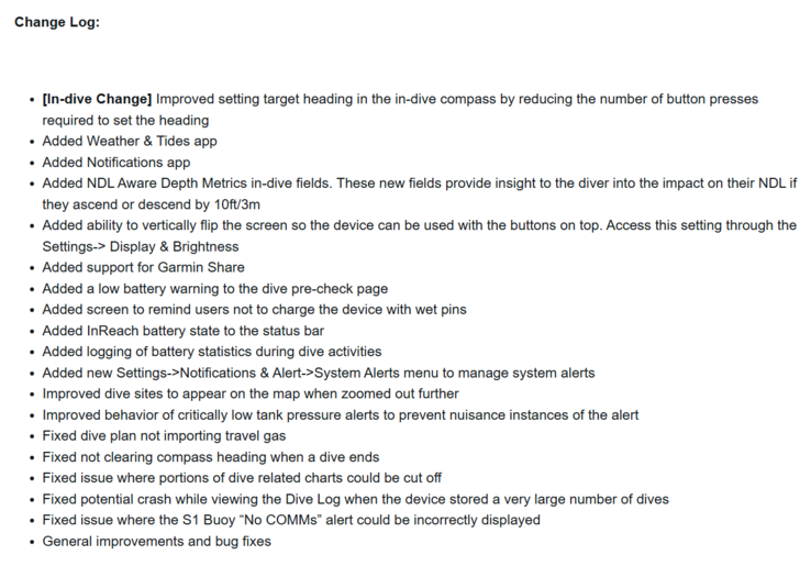 El registro de cambios del software de sistema 4.05 para el Garmin Descent X50i. (Fuente de la imagen: Garmin)