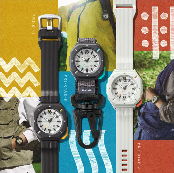 El Casio Pro Trek PRJ-01-1J, el PRJ-01AE-8J y el PRJ-01AE-7J (de izquierda a derecha)