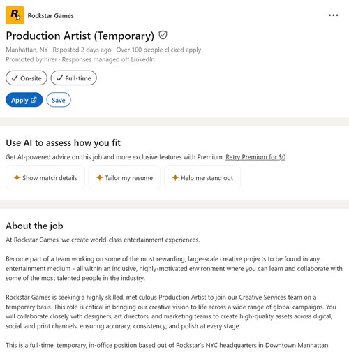 LinkedIn Se muestra el anuncio de empleo de Rockstar Games para artista de producción
