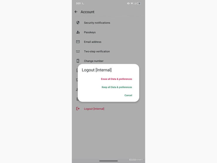 Una captura de pantalla de la última beta de WhatsApp que muestra la nueva opción Cerrar sesión [Interna]. (Fuente de la imagen: Android Authority)