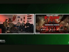 Una captura de pantalla del podcast de Xbox que muestra la carátula de Gears of War junto con el logotipo de PS5