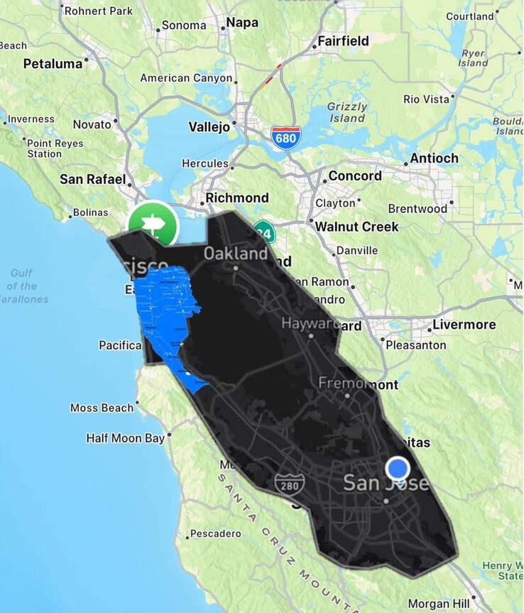 Mapa del Área de la Bahía de San Francisco de Tesla Robotaxi vs Waymo geovallada. (Fuente de la imagen: Joe Tegtmeyer/X)
