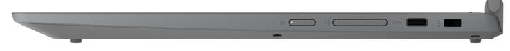 Lado derecho: botón de encendido, control de volumen, un puerto USB 3.2 Gen 1 Tipo-C (DisplayPort, Power Delivery), ranura de seguridad Kensington