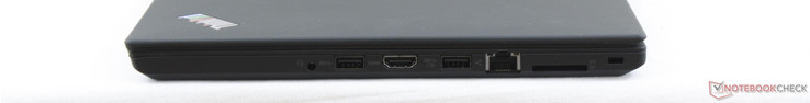 derecha: audio combinado 3.5 mm, 2x USB 3.0, HDMI 1.4, Gigabit Ethernet, lector SD, bloqueo Kensington