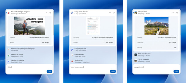 La nueva búsqueda de Windows muestra vistas previas de documentos y fotos en línea.