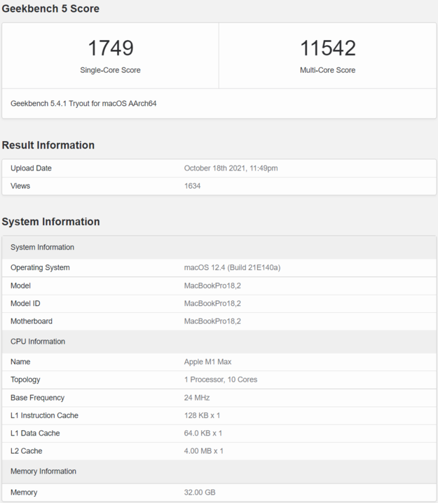 Con una puntuación de 11542 puntos, el Apple M1 Max ha superado el benchmark multinúcleo (Fuente: Geekbench)