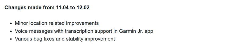 Las notas de la versión 12.02 del software para el smartwatch Garmin Bounce. (Fuente de la imagen: Garmin)