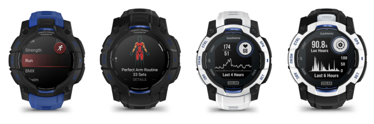 De izquierda a derecha: los relojes Garmin Instinct 3 45 mm AMOLED, 50 mm AMOLED, 45 mm Solar y 50 mm Solar Supernova Collection. (Fuente de la imagen: Garmin, editado)