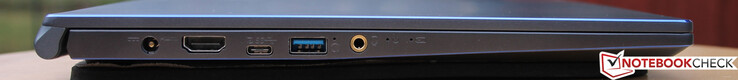 Lado derecho: conector de alimentación, HDMI, USB 3.1 Gen 2 Tipo C, USB 3.1 Gen 1 Tipo A, conector combinado de auriculares y micrófono de 3.5 mm.