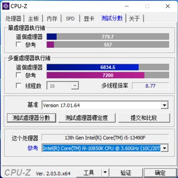 Benchmark CPU-Z Core i5-13490F. (Fuente: wxnod en Twitter)
