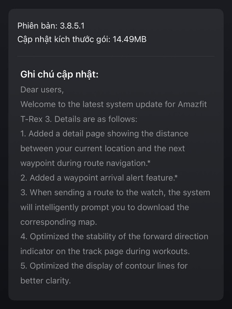 Las notas de la versión de software 3.8.5.1 para el smartwatch Amazfit T-Rex 3. (Fuente de la imagen: Lương Nguyên Long vía Facebook)