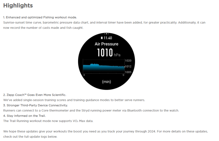 El registro de cambios de las actualizaciones de los smartwatches Amazfit Falcon y T-Rex Ultra. (Fuente de la imagen: Amazfit)