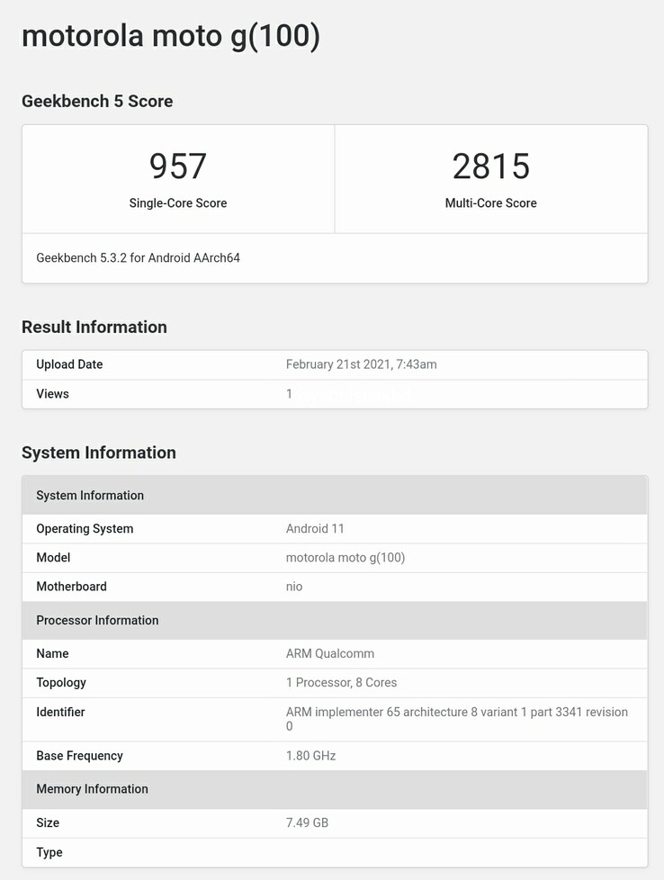 Moto G100 en Geekbench (imagen vía Abhishek Yadav en Twitter)