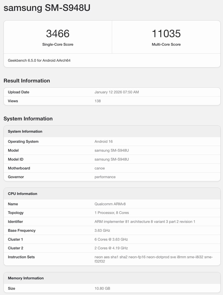 Listado de Geekbench del Galaxy S26 Ultra. (Fuente de la imagen: Geekbench)