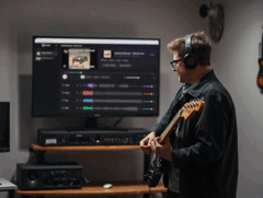 Un guitarrista toca frente a un monitor que muestra la aplicación StemKit.