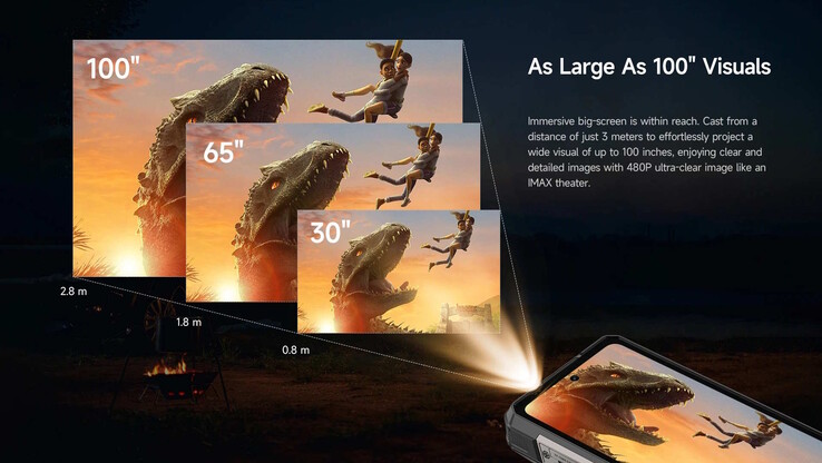 El proyector integrado admite un tamaño de proyección de hasta 100 pulgadas, pero con una resolución y un brillo bajos (Fuente de la imagen: Ulefone)