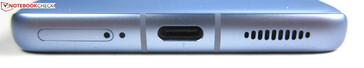 parte inferior: doble ranura SIM, micrófono, USB-C 2.0, altavoz