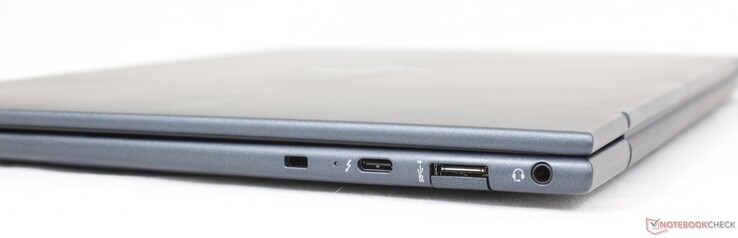 Derecha: Ranura de bloqueo Nano, USB-C 4 con Thunderbolt 4 + DisplayPort 1.4 + Power Delivery, USB-A 5 Gbps, auriculares de 3,5 mm