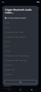 Códecs de audio Bluetooth disponibles