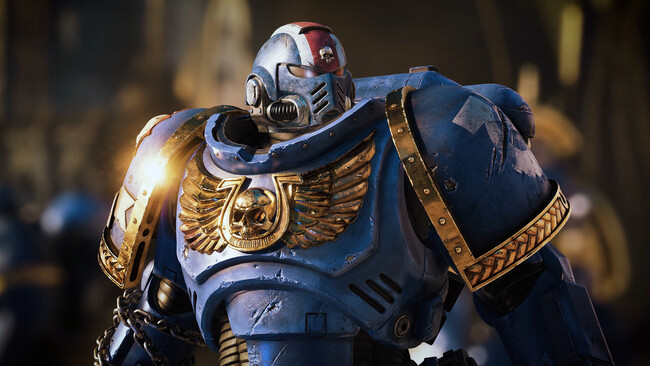 Una captura de pantalla del juego Warhammer 40.000: Space Marine 2 que muestra la armadura de los Marines Espaciales. (Fuente de la imagen: Steam)