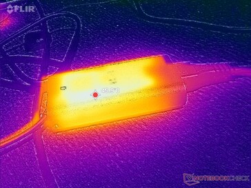 El adaptador de CA alcanza más de 46 C cuando funciona con cargas exigentes