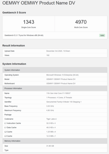 Microsoft Surface Pro Intel Core i7-1185G7 Geekbench - CPU. (Fuente: Geekbench)