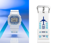 En la imagen, el reloj de la colaboración Casio x ANA DW-5600, junto a un primer plano de la correa con detalles de temática aeronáutica. (Fuente de la imagen: @geesgshock en Instagram - editado)